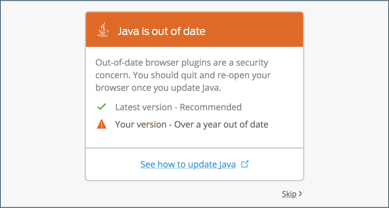 Outdated Java Plugin Software Notification