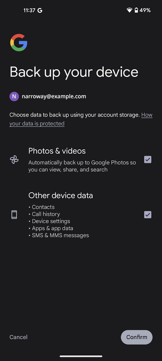 Select Backup Data on Android