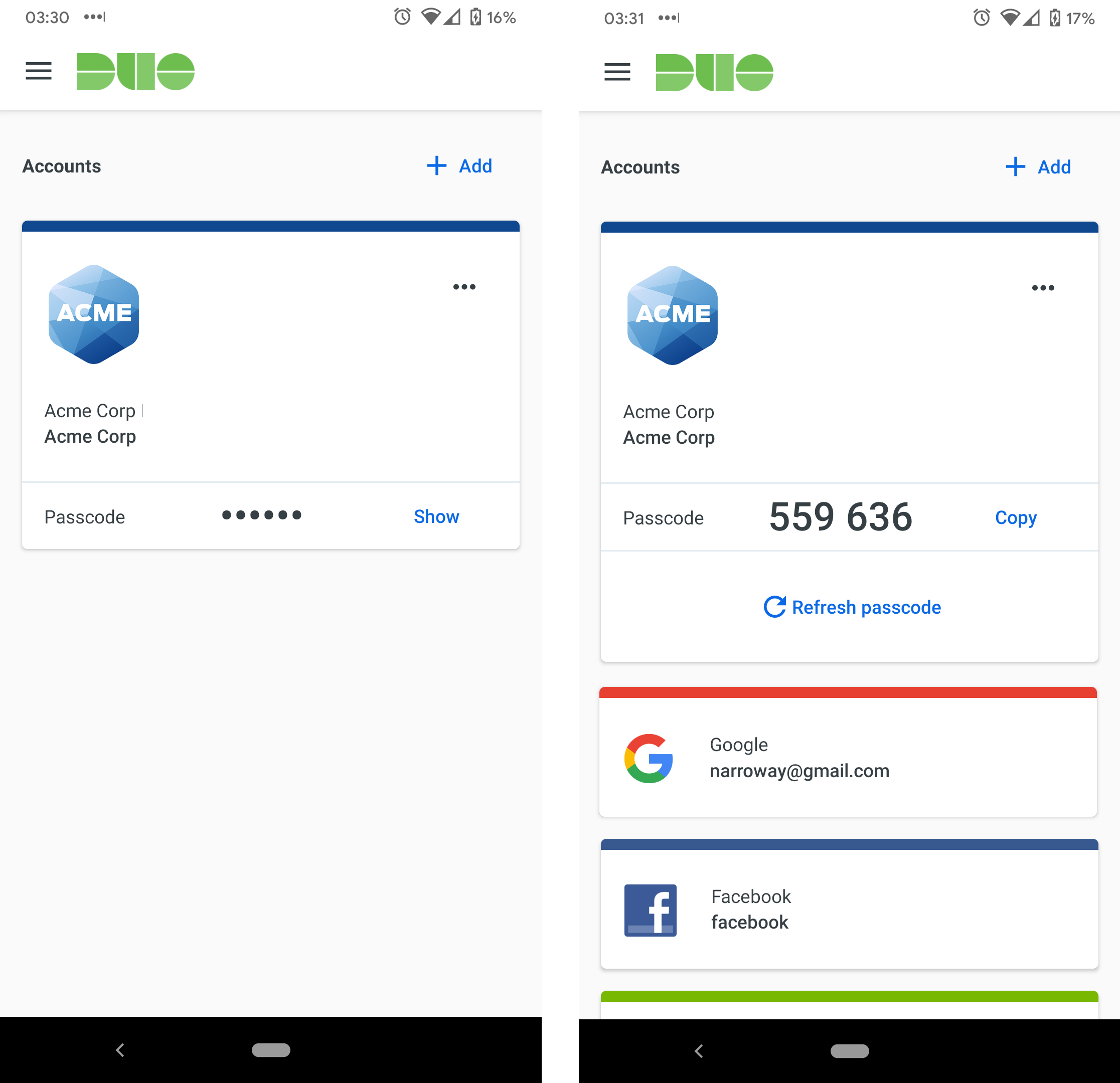 Standard and Compact Duo Mobile Account Views