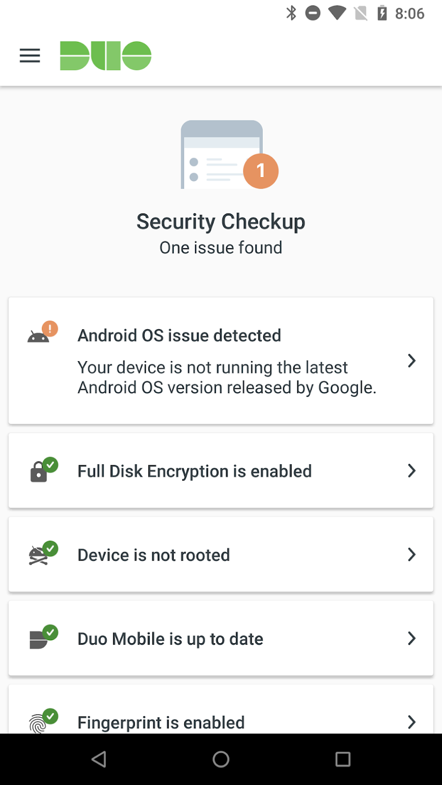 Duo Mobile Security Checkup - Issues Found