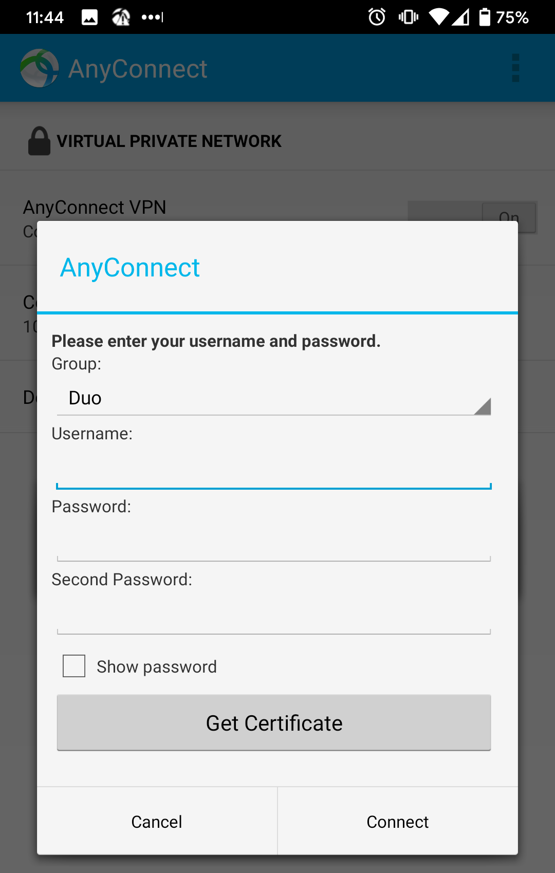 AnyConnect Mobile Client with Second Password