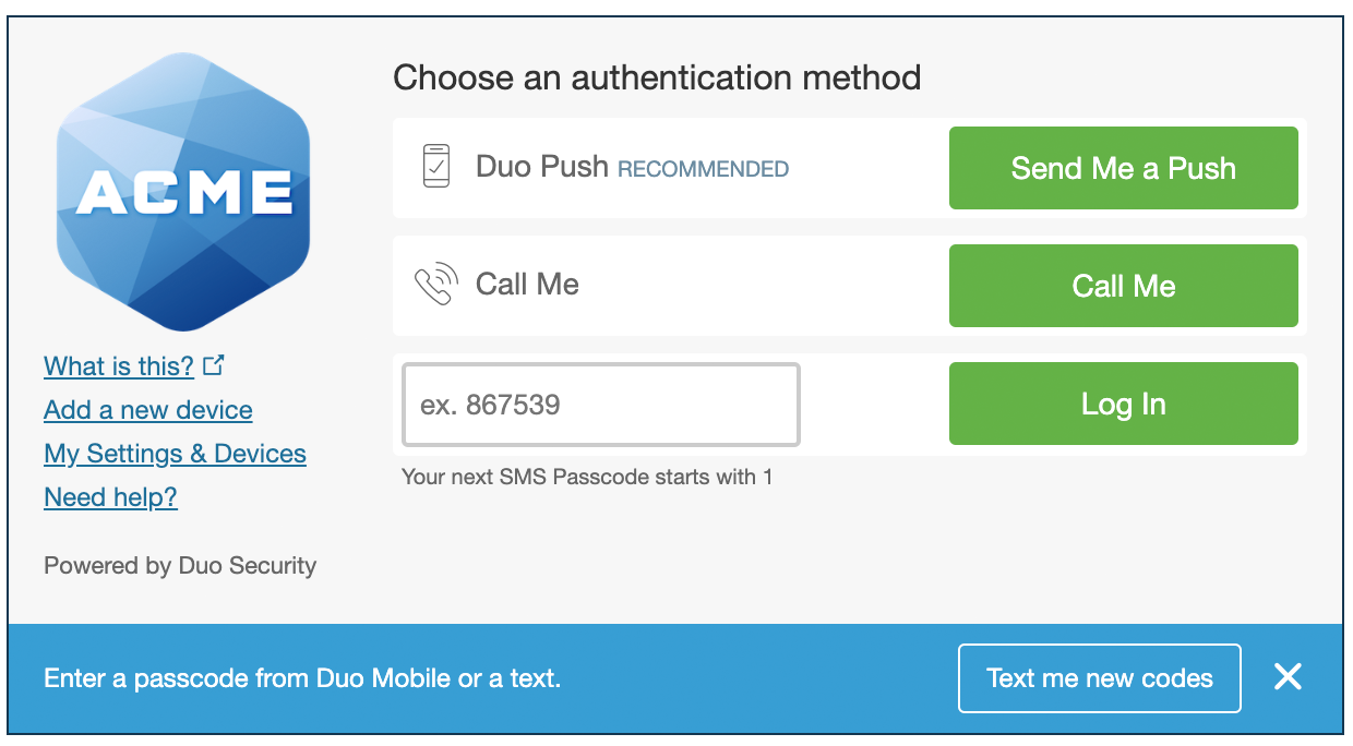 Enter Passcode in Duo Prompt