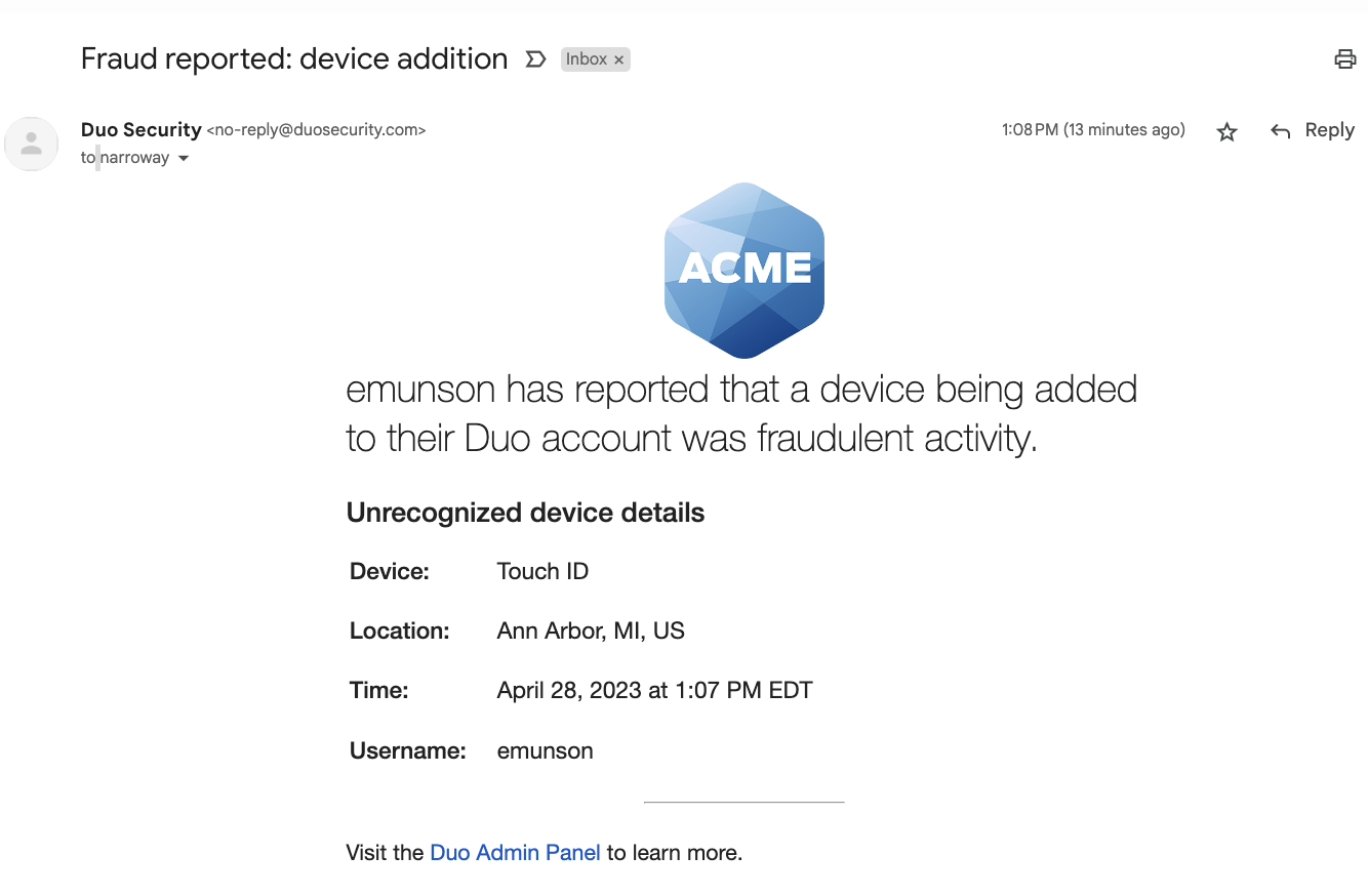 Device Notification via email reporting fraud