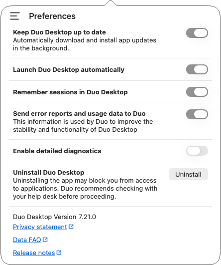 Duo Desktop Preferences on macOS