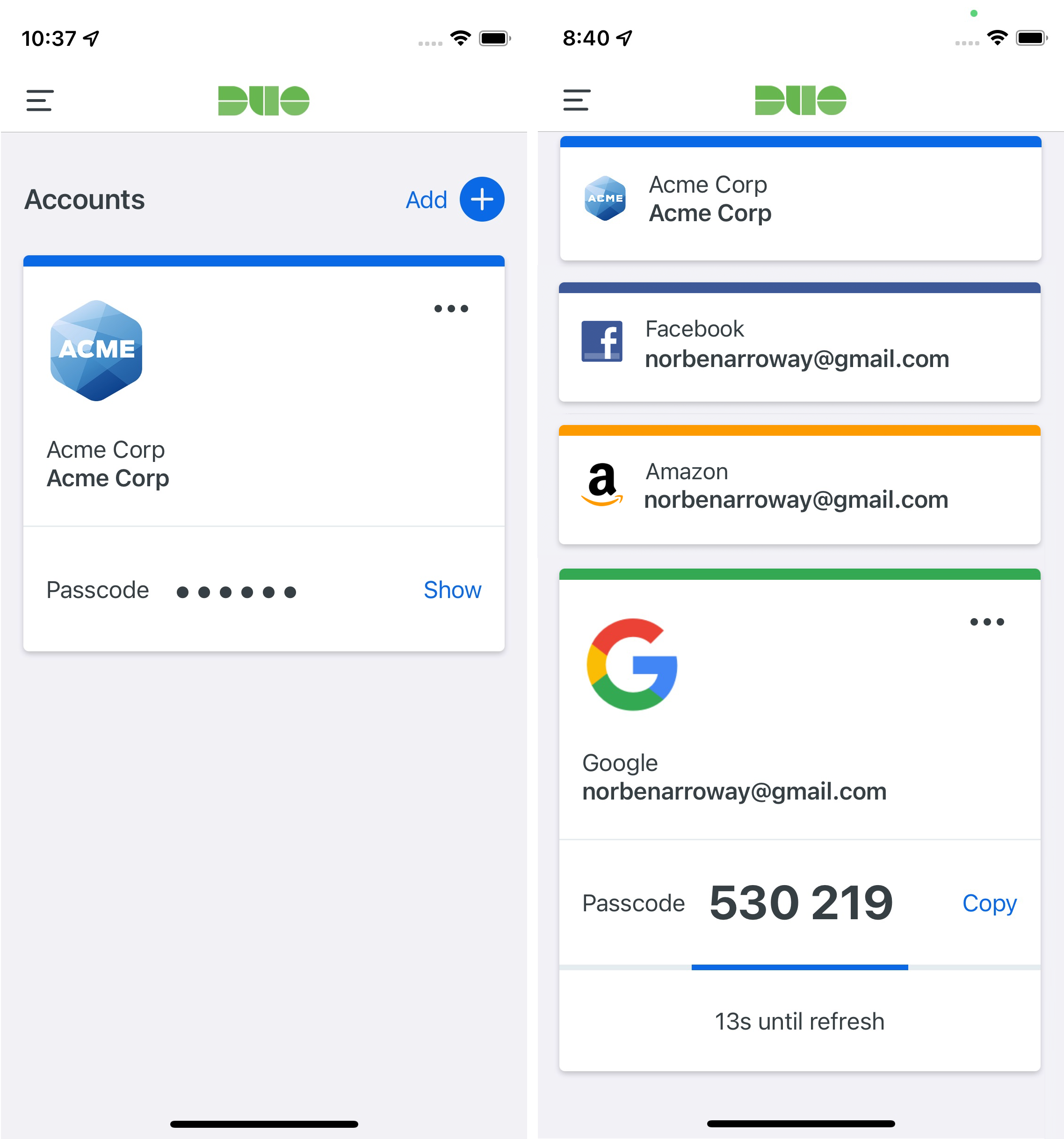 Standard and Compact Duo Mobile Account Views