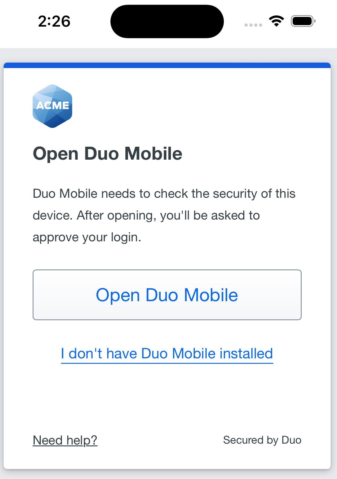 iOS Duo Mobile Inline Verification - Step 1