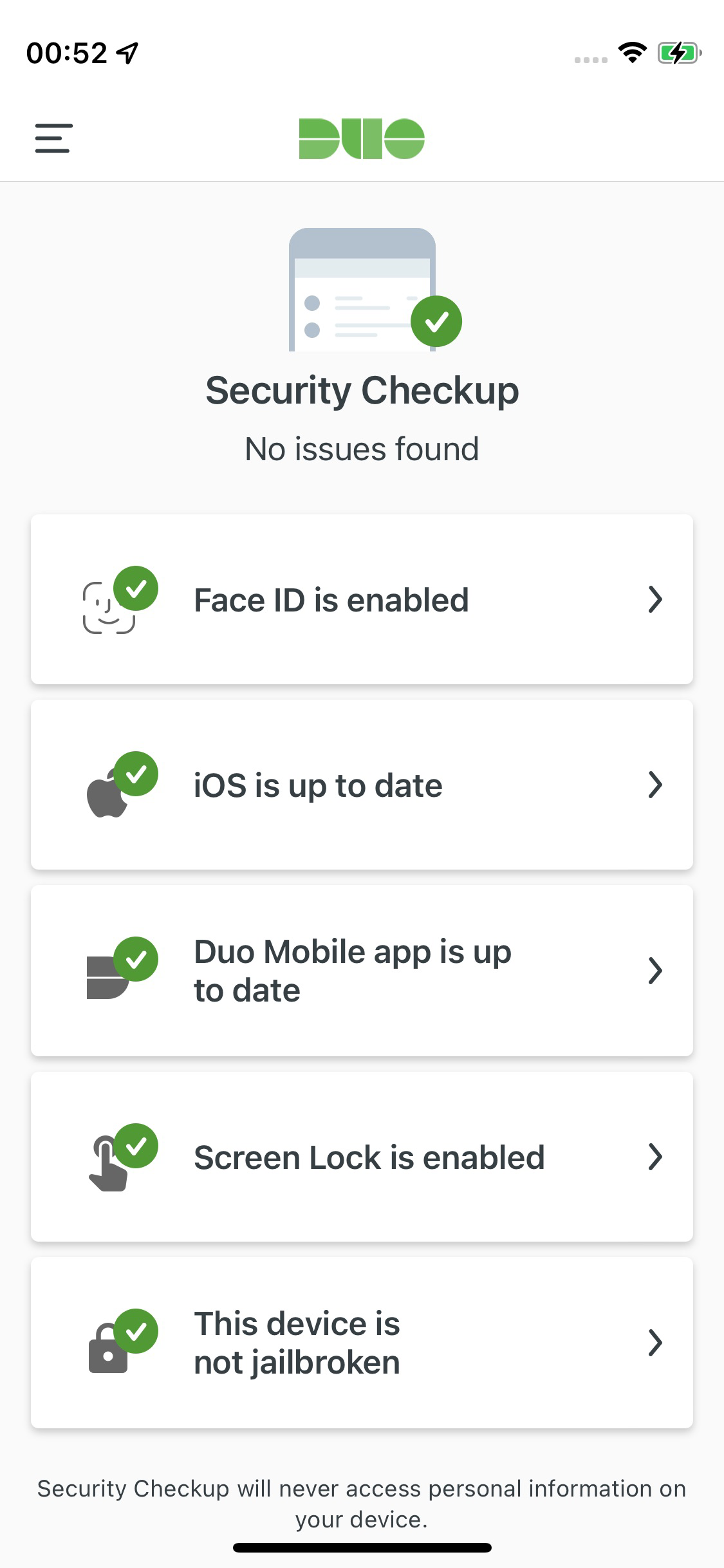 Duo Mobile Security Checkup - No Issues