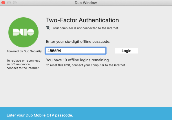 Duo Offline Authentication with Duo Mobile Passcode