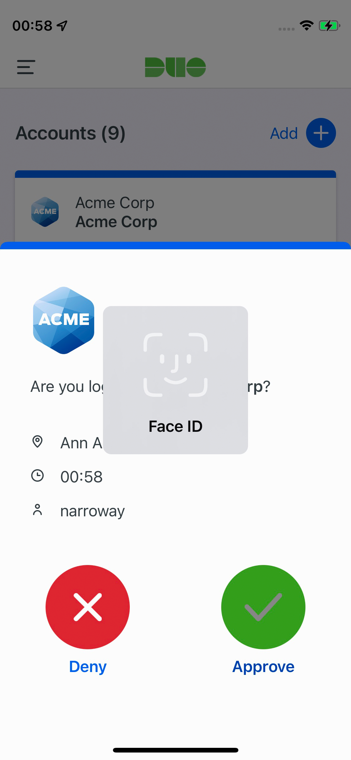 Duo Push Login Request with Face ID
