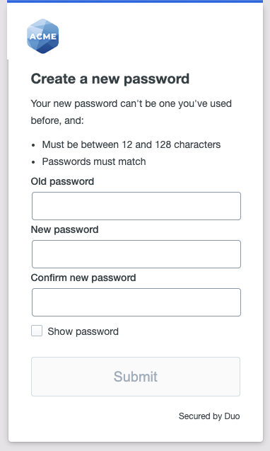 Duo Single Sign-On Temporary Create New Password