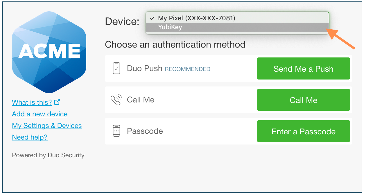 YubiKey Security Key Selection in Duo Prompt
