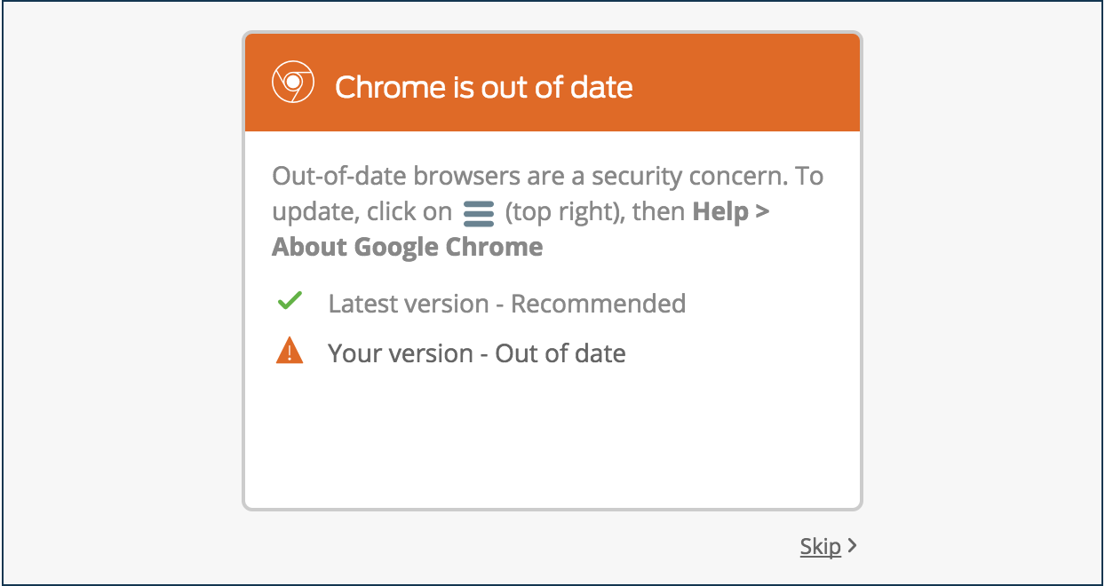 Outdated Chrome Browser Software Notification