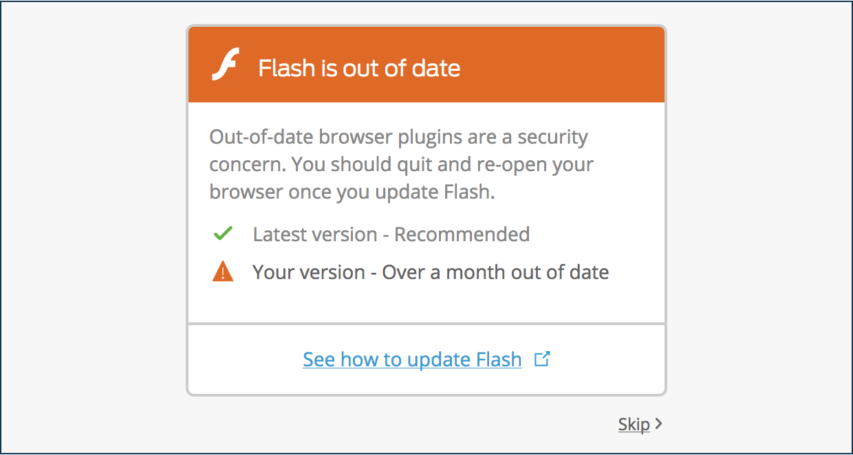 Outdated Flash Software Notification