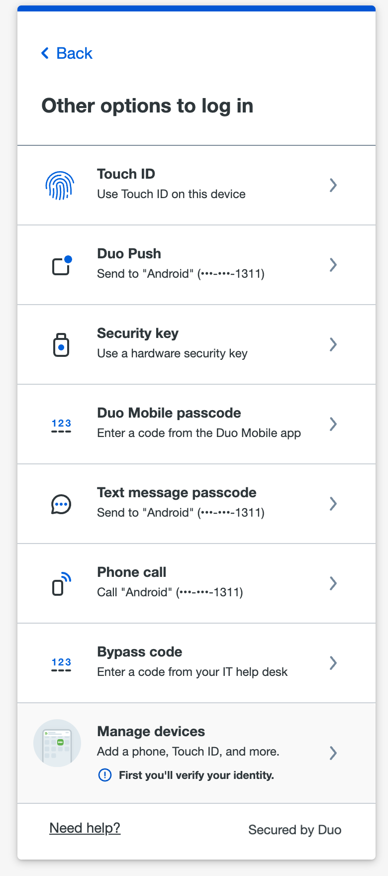 List of Authentication Options in Universal Prompt