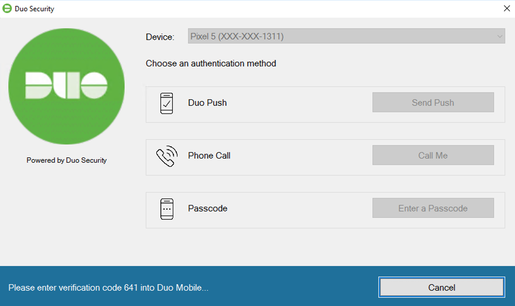 Duo Push Verification Code in Windows